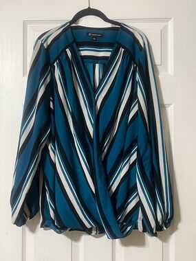 INC International Concepts Teal, Black & White Diagonal-Stripe Wrap Blouse